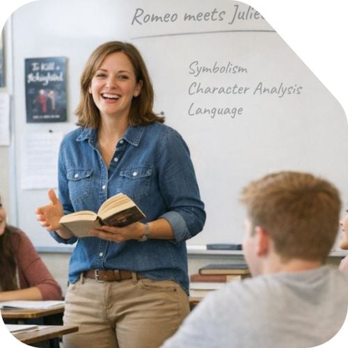 English literature teacher reading Romeo and Juliet in front of a Year 11 class (AI Generated)